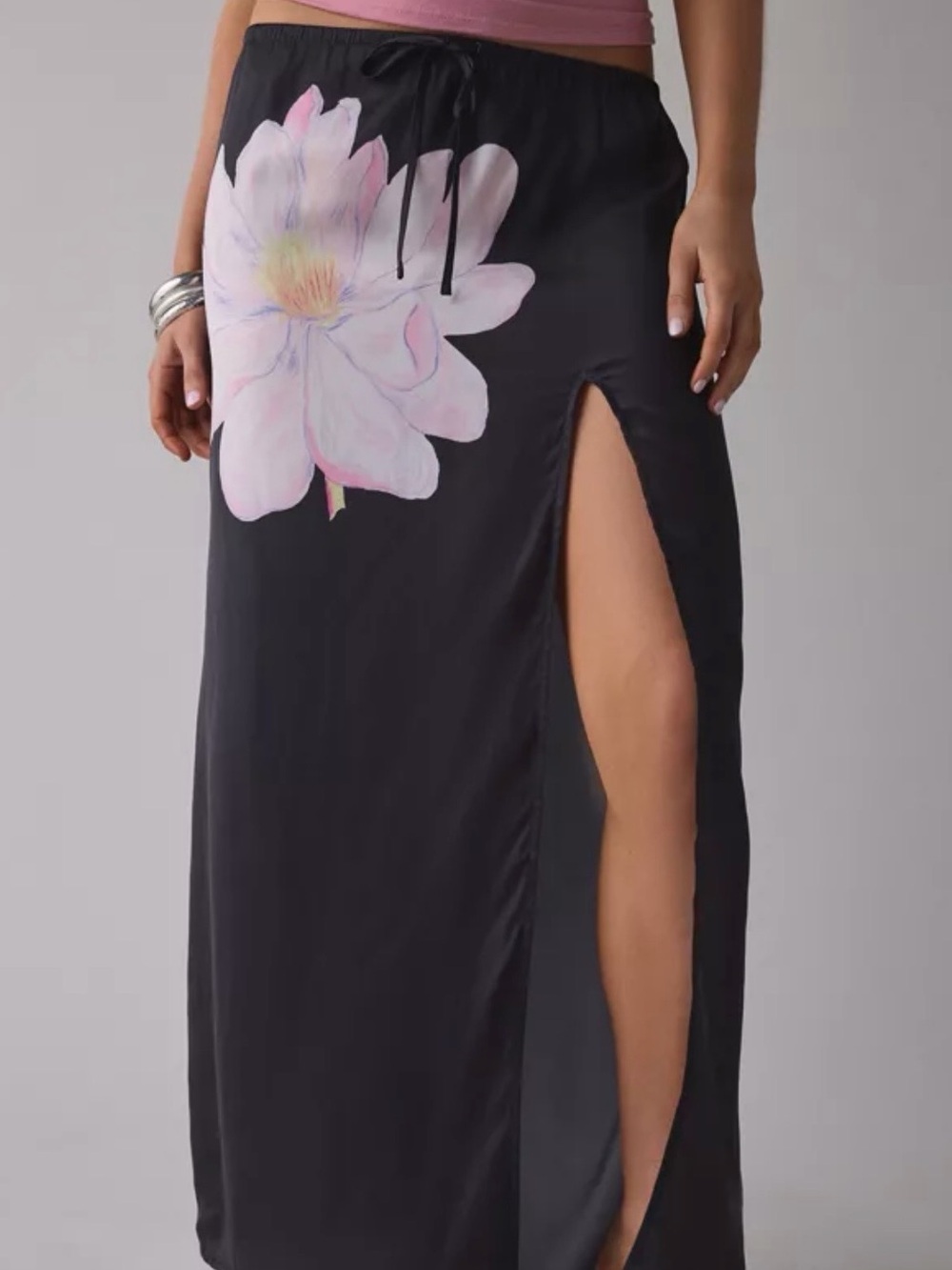 Kimchi Blue Black Maxi Skirt with Pink Floral Print & Side Slit